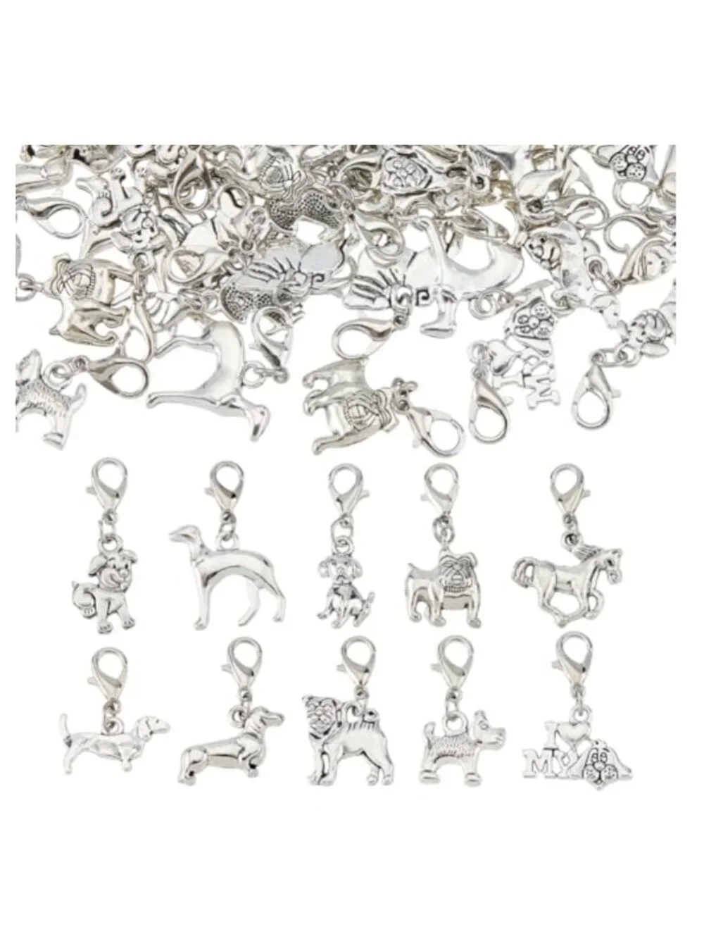 60Pcs Animal Clip-On Charms Alloy Zipper Pulls Antique Silver Pendants with
